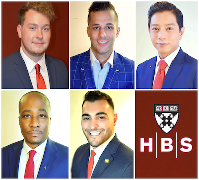 Harvard Business School program scholarship recipients Noah Trotter, Fadi Manuel, Joseph Paul Javier, Johnie L. Bailey and Hussein Safaoui
