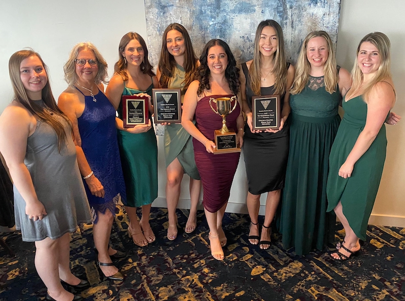 From left: Andria Zuhlke (incoming Sisterhood Chair), Dr. Mary Beth O'Connell (Fraternity and Faculty Advisor), Kelly Kepley (outgoing Sisterhood Chair), Paige Hanke (outgoing Vice President), Jewel Konja (outgoing President), Michelle Dierker (outgoing Treasurer), Dr. Sara Brown (Region Supervisor) and Morgan Mrowca (incoming President).