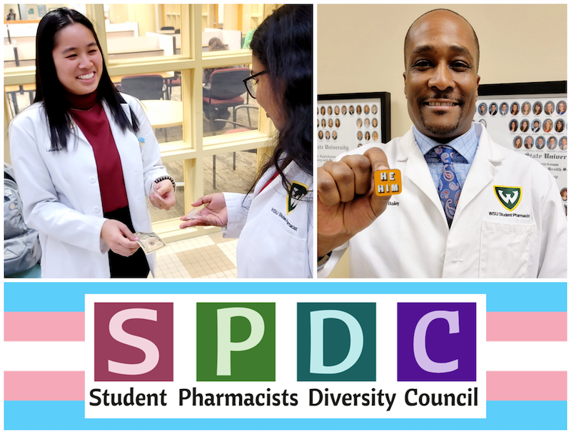 (Left) Organizer of SPDC's Transgender Awareness Week event, SPDC Vice-President Lauren Danelle Lim. (Right) SPDC Co-Director for Cultural Education, Johnie L. Bailey, proudly displays his new pronoun pin for his white coat.