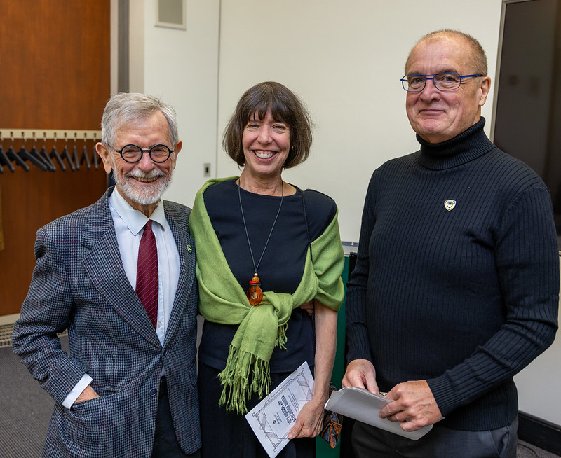 Donor Bob Holley and his wife Martha Spear are pictured with Tom Walker, interim dean of the Wayne State University Library System and the School of Information Sciences.