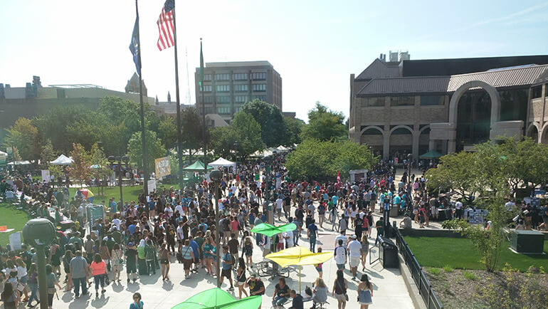 Students and parents gathered during an orientation weekend on Wayne State's beautiful 200-acre urban campus, which is home to 1,300 trees. 