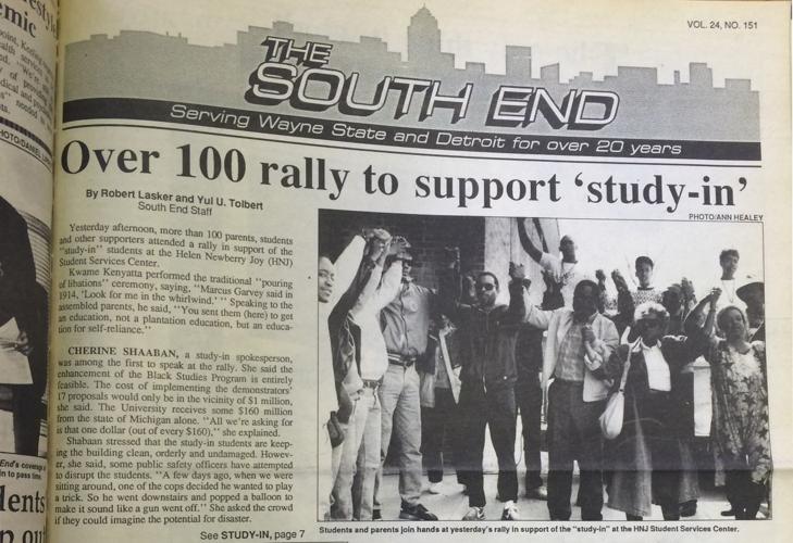 The South End news article with the headline: Over 100 rally to support study-in