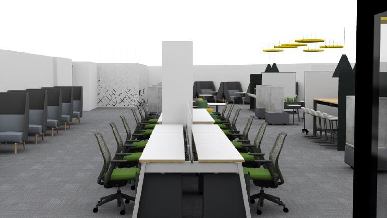 The proposed design for the Wayne State Undergraduate Warrior 360 Academic Engagement Hub offers a variety of seating including group collaboration, booths, offices and individual work spaces.