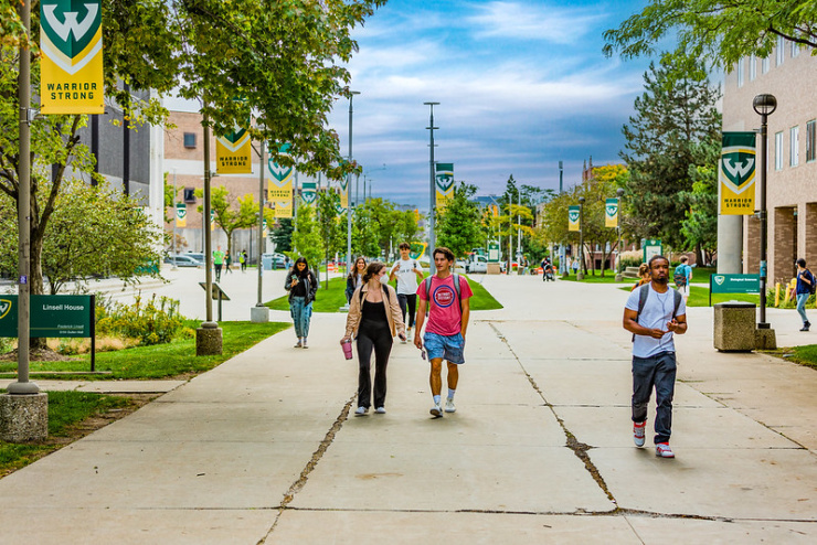 Wayne State students walk on campus.