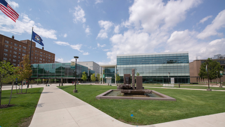 The outside of the Wayne State Student Center is seen on a summer day.