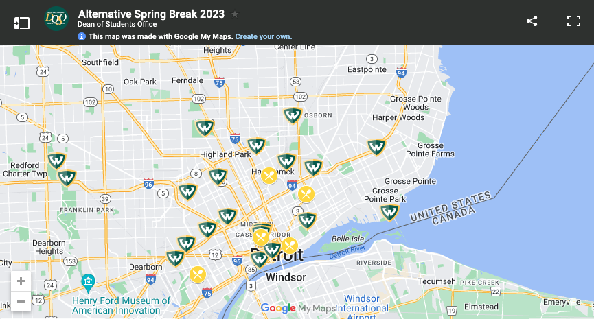 Screenshot of the 24 service sites across Detroit that Wayne State’s Alternative Spring Break students volunteered at.