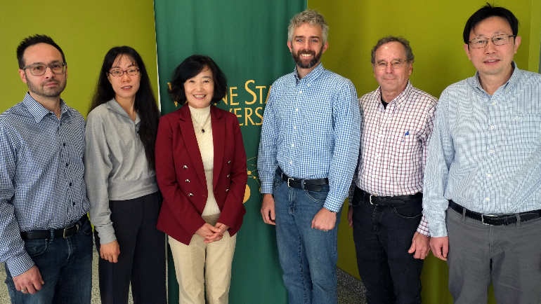 The new Barber Integrative Metabolic Research Program includes, from left, Emilio Mottillo, Ph.D.; Y. Mindy Huang, Ph.D.; Hyeong-Reh Kim, Ph.D.; Christopher Kelly, Ph.D.; James Granneman, Ph.D.; and Jian Wang, Ph.D.