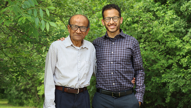 Satyendra Basu (left) and his son, Amar, who works in the same Engineering building that his father attended classes in during the early 1970s.