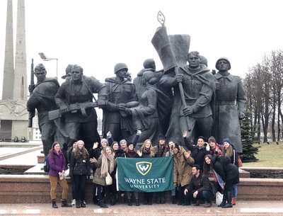 Students visiting the WWII memorial in Vitebsk