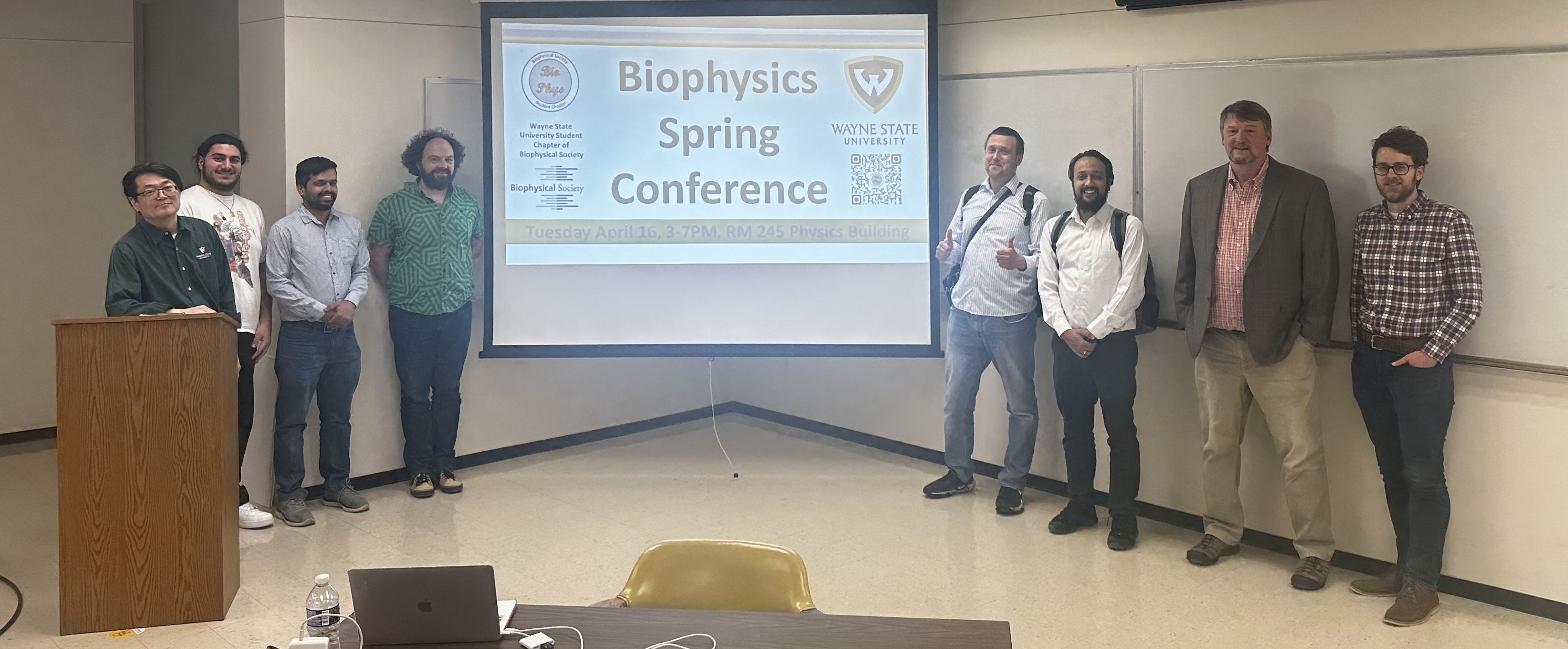 Participants at the clossing ceremony of the 2024 Biophysics Spring Conference. Participants from left to right: Chapter advisor Dr. Takeshi Sakamoto, Student Chapter Vice-President Marcus Akrawi, Student Chapter President Susheel Pangeni, Dr. Michael Cianfrocco, Dr. Yaroslav Balytskyi, Student presenter Yogesh Joshi, Dr. Timothy Stemmler, and Dr. Alex Albaugh.
