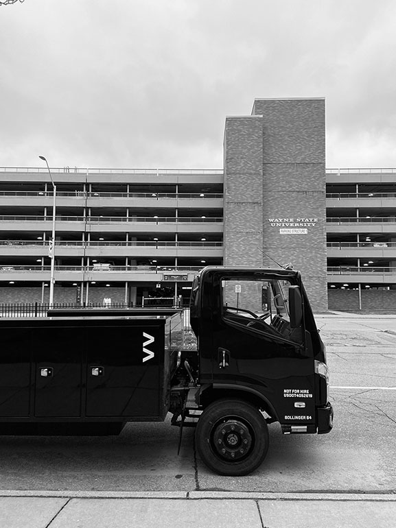 The all-electric Bollinger B4 visited the Wayne State campus. The truck is tailor-made for campus and municipality applications with a 185-mile range allowing it to be a workhorse all day long.