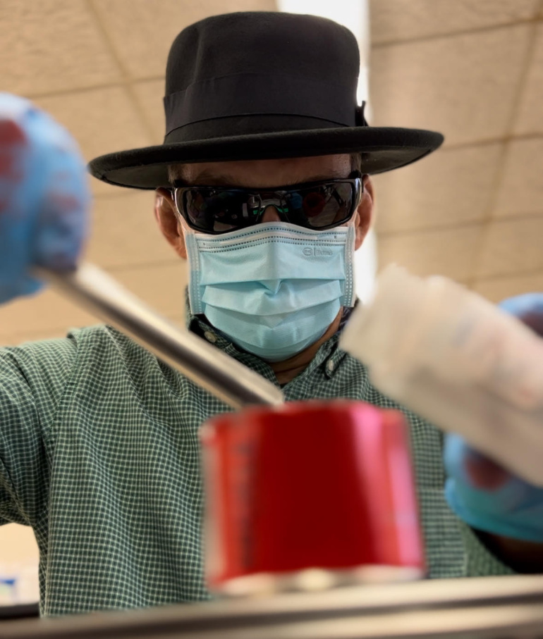 Professor Tom Kuntzleman demonstrates the science behind an explosion dressed as the character “Heisenberg” from the popular TV show, “Breaking Bad.”