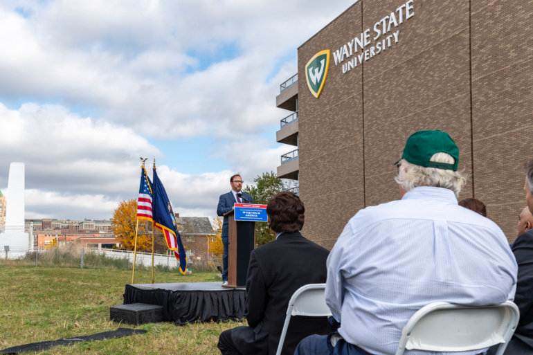 Wayne State’s Chief Business Officer, Chief Financial Officer and Senior Vice President for Finance and Business Operations David Massaron speaks at the celebration of the completion of the Second Avenue Bridge.