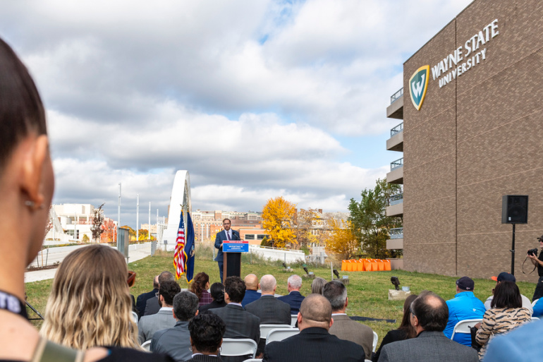 Wayne State’s Chief Business Officer, Chief Financial Officer and Senior Vice President for Finance and Business Operations David Massaron speaks at the celebration of the completion of the Second Avenue Bridge.