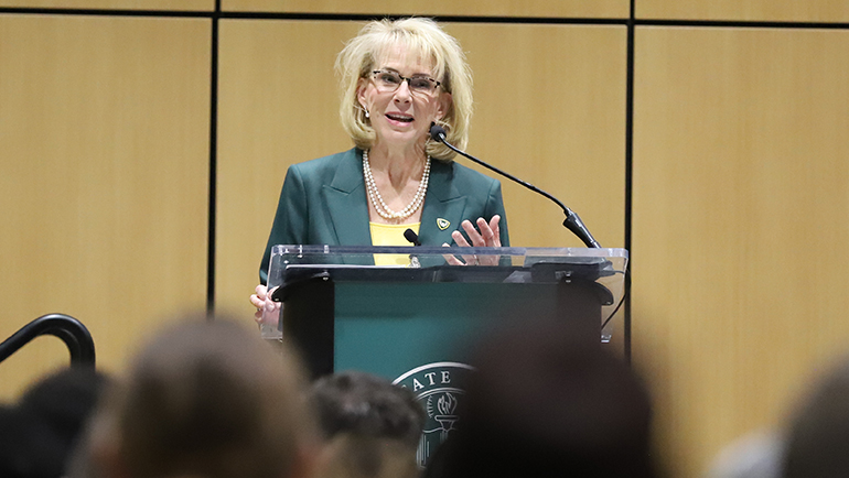 President Espy delivers opening remarks at the College to Career event at Wayne State University.