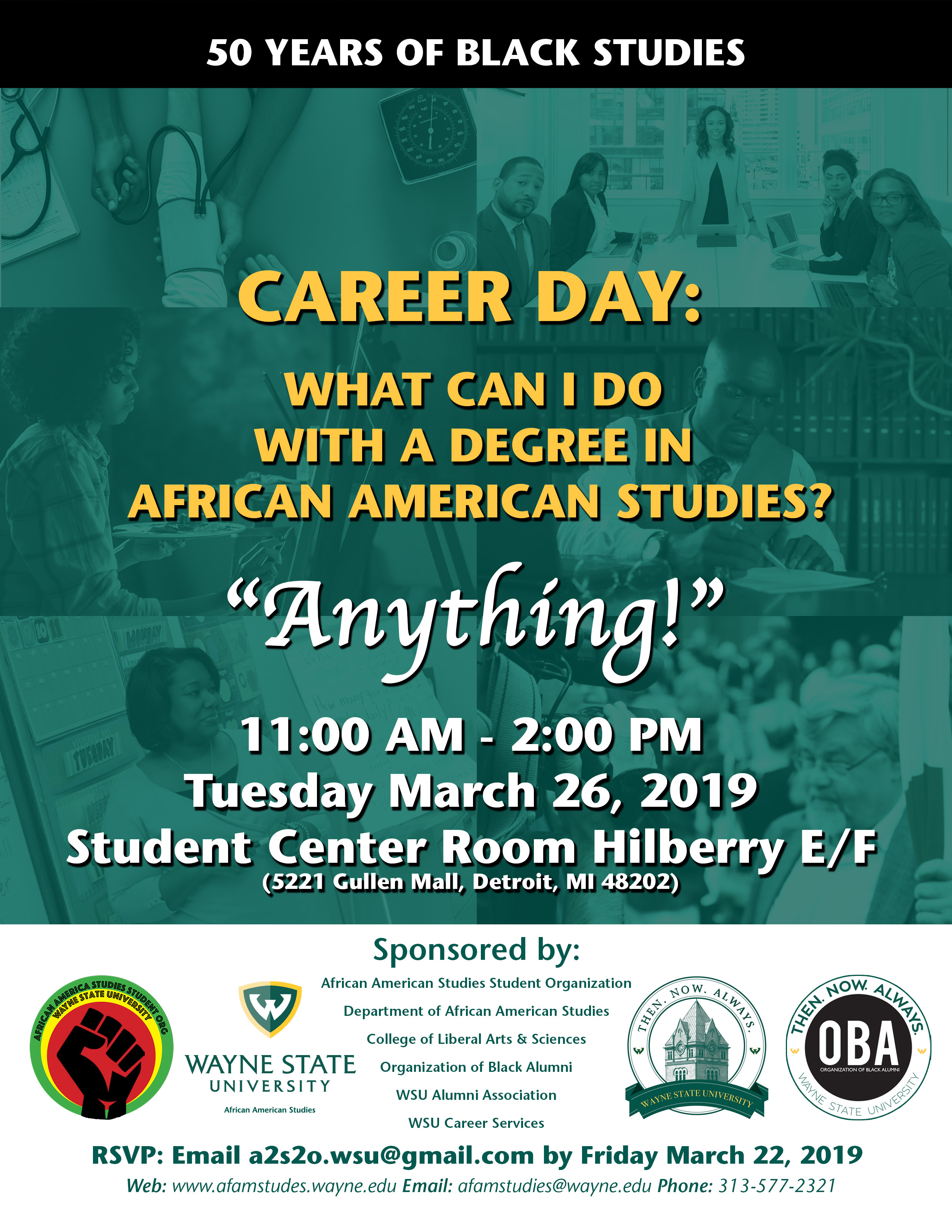 Flyer for Career Day, showing people in several career fields: health, business, art, law, education, media.