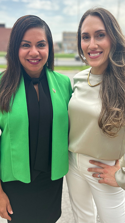Vanessa Reynolds (left) and Estenia Gomez Elsivech lead recruitment in Southwest Detroit for Undergraduate Admissions and CLLAS, respectively.