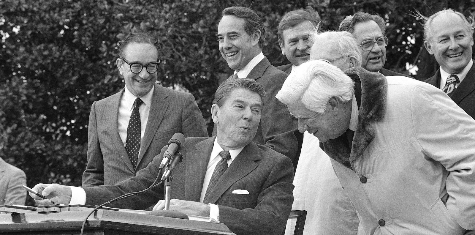 GOP President Ronald Reagan and Democratic House Speaker Tip O'Neill at the April, 1983 signing of bipartisan social security legislation