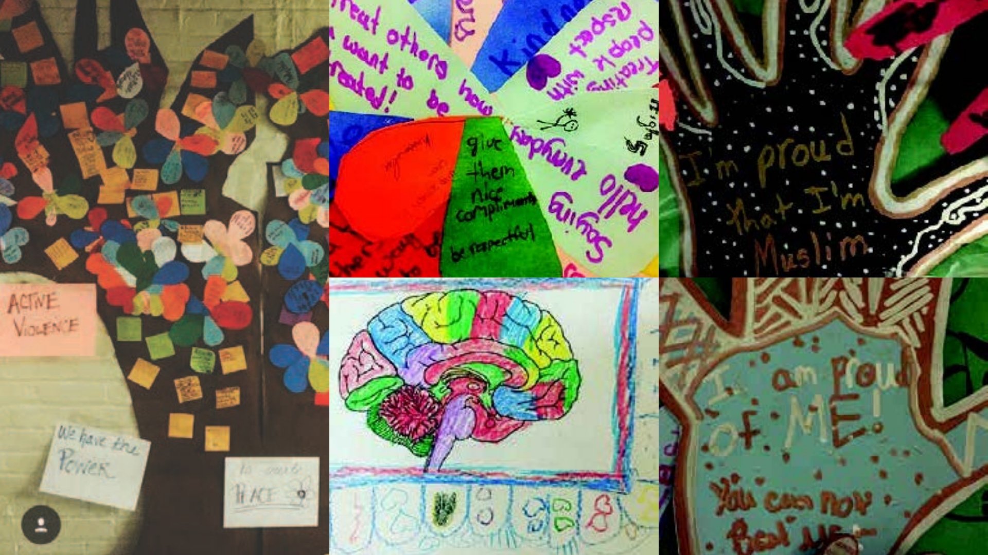 Artwork and poem from students in Dickinson East Elementary after-school Peace Culture Program