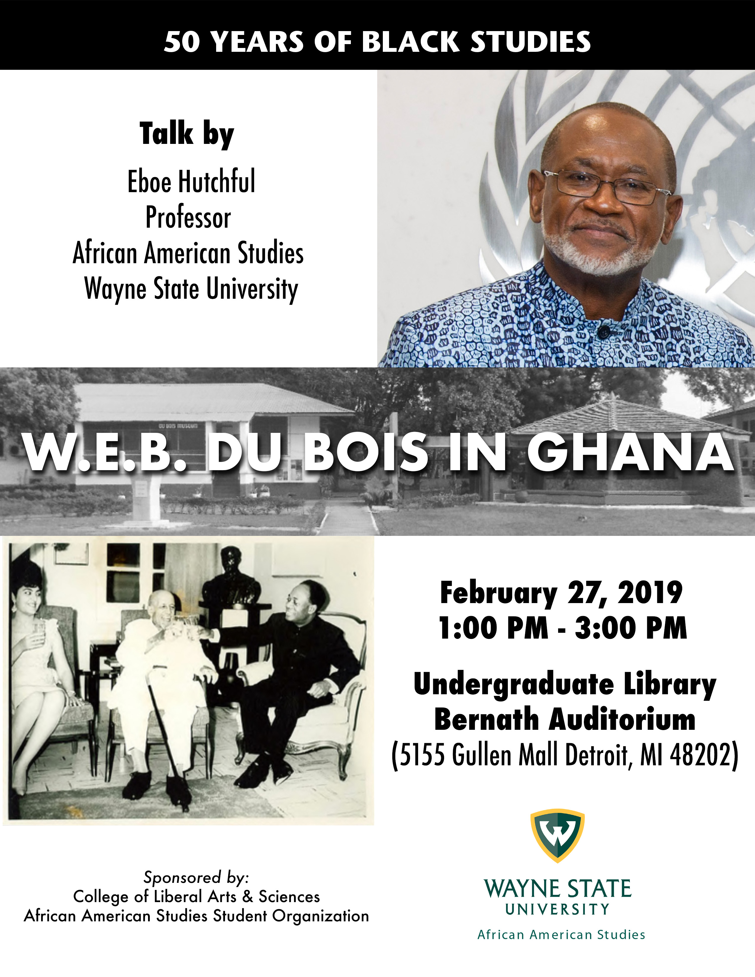 Flyer for event presented by Professor Eboe Hutchful. Image of W.E.B. Du Bois, Madame Fathia and President Kwame Nkrumah.