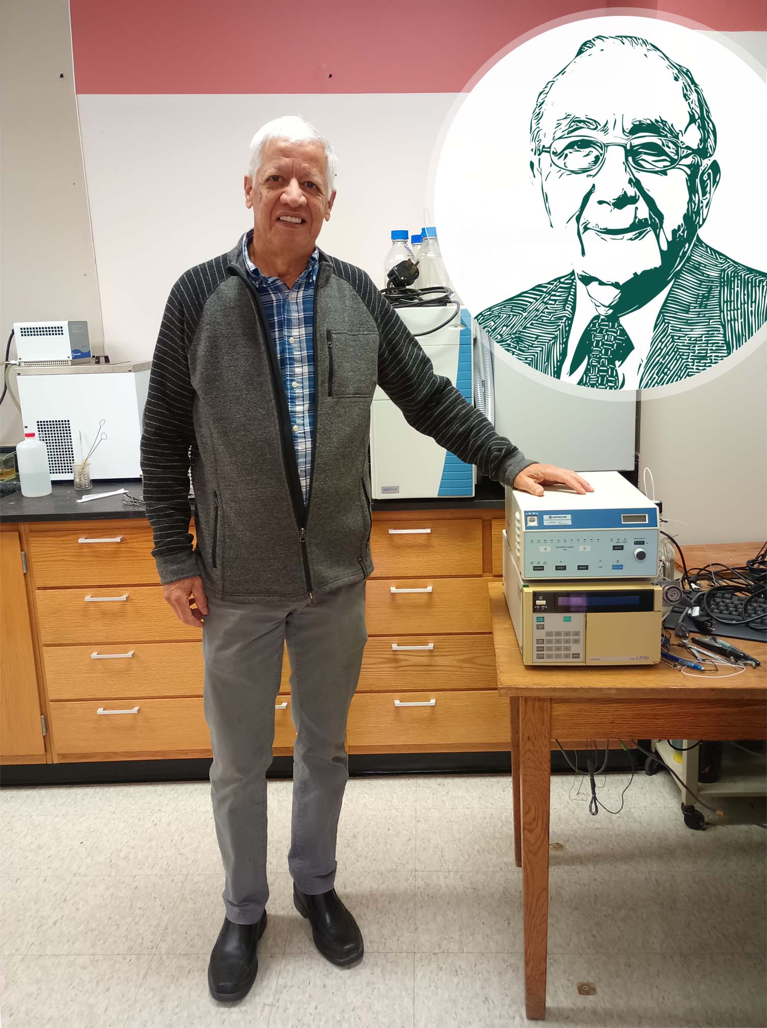 Eduardo Palomino in a lab along with a portrait of Jerome Horwitz