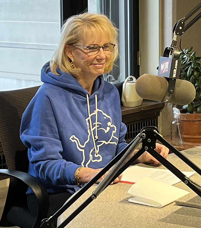 President Kimberly Andrews Espy, Ph.D., wore a Detroit Lions sweatshirt to her interview on WJR 760, on Monday, Jan. 22, 2023