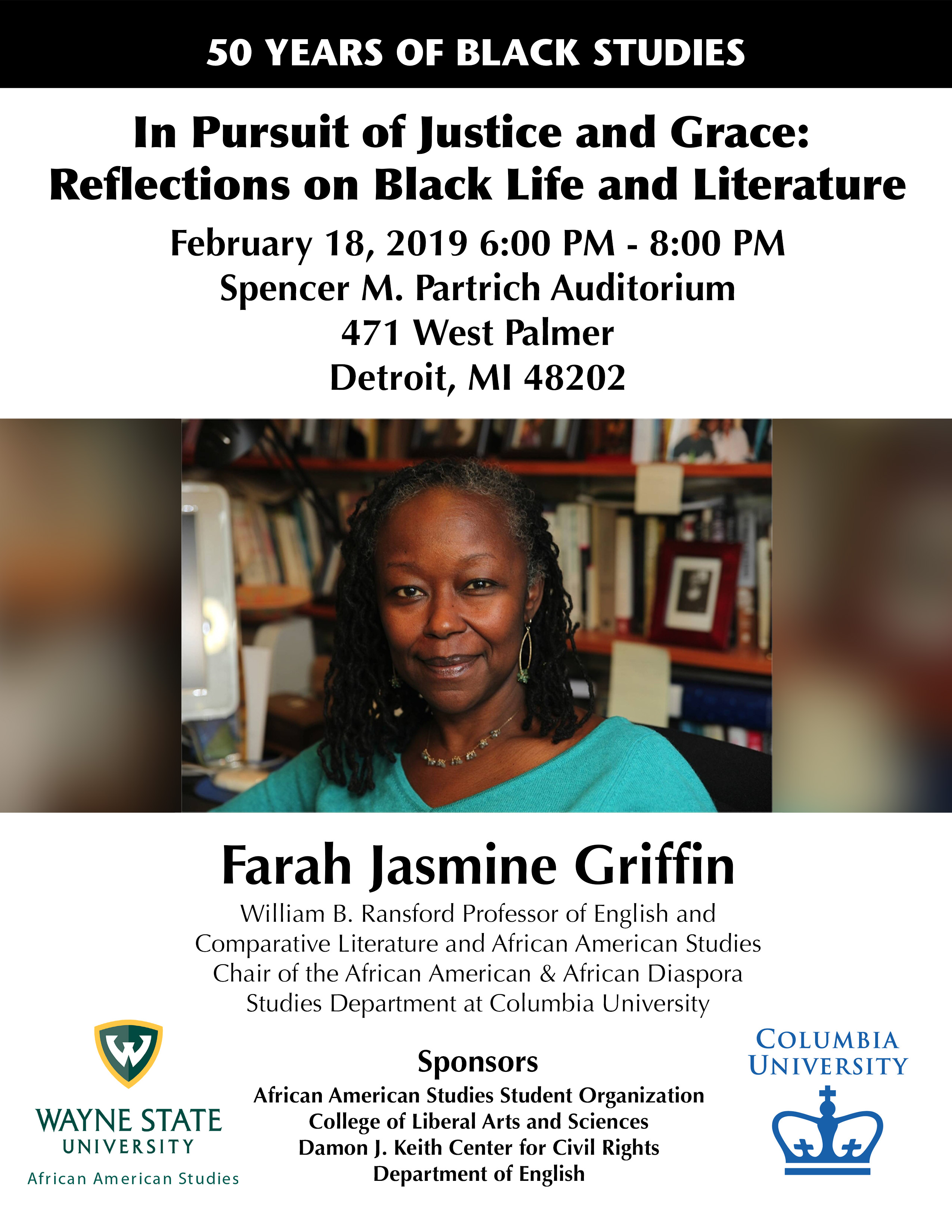 Flyer for Farah Griffin event, with portrait of the professor and event details.