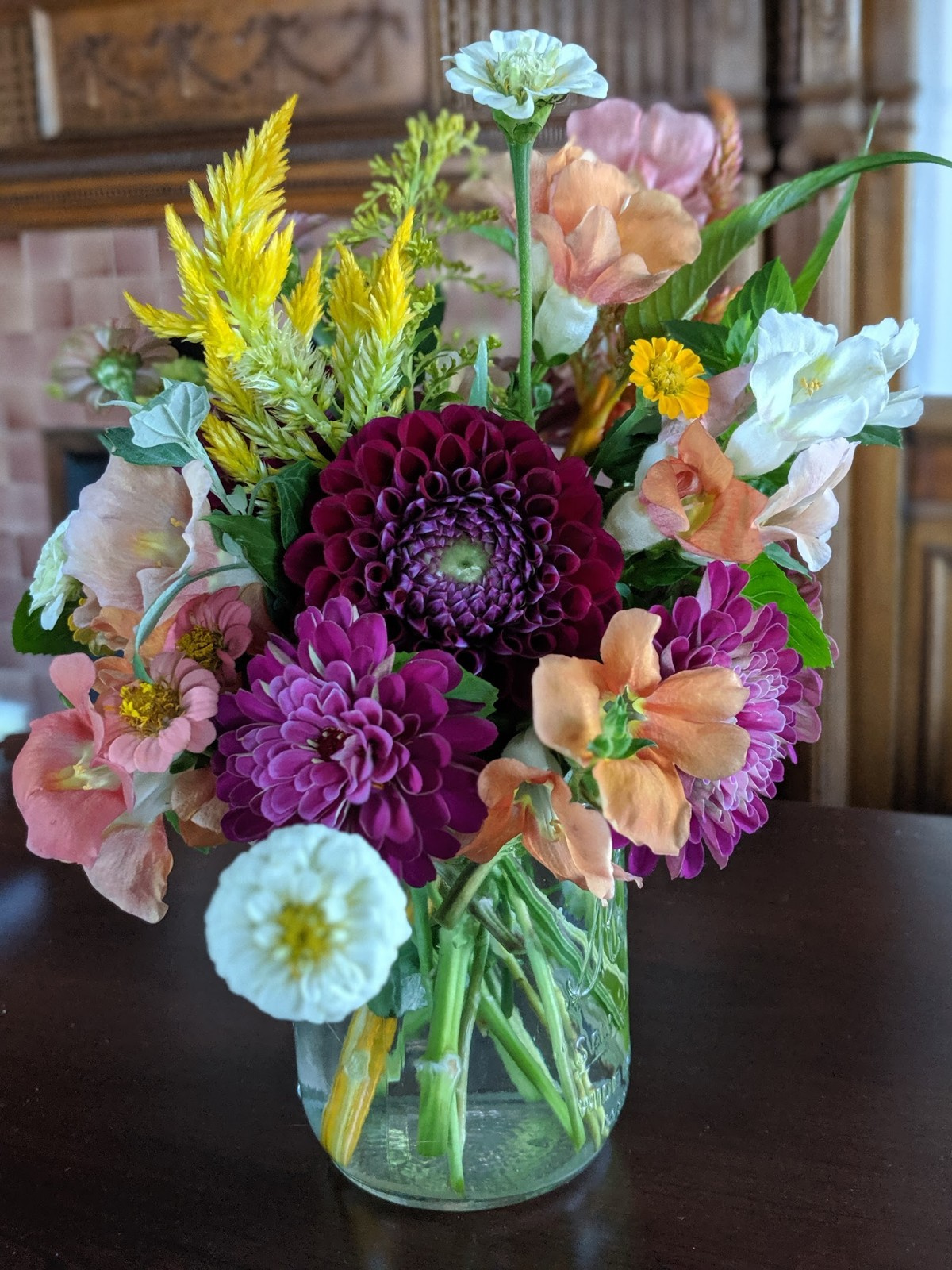 A vase of colorful flowers.