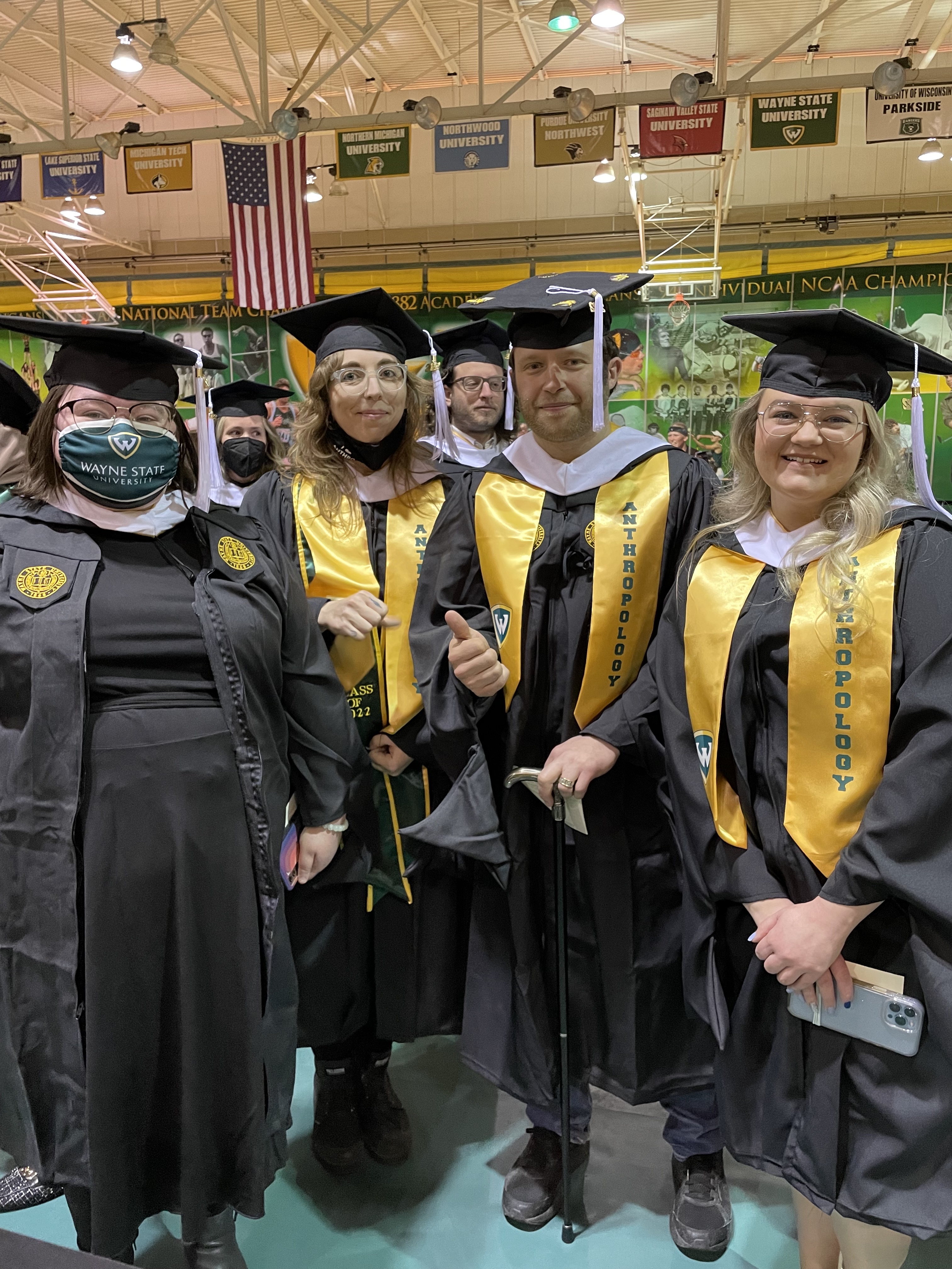 Anthro graduates Brittney O'Neal, Lindsey Sharp, Justin Mazzola and Jenna Huntley at commencement