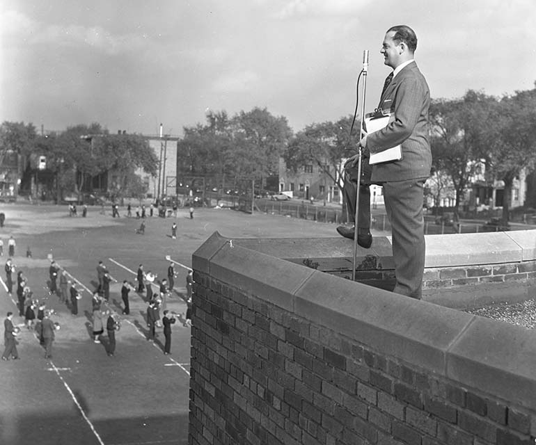Music director Graham T. Overgard directs the Wayne State band during a practice in 1939. (Detroit News Collection)