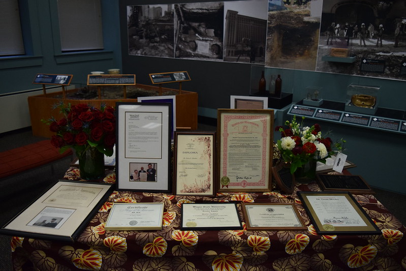 A few of Professor Montilus' many degrees and awards on display in the Grosscup Museum gallery, 2021