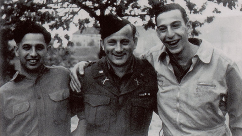 Guy Stern (left) with two other Ritchie Boys, Lieutenant Walter Sears (center) and Fred Howard (right), in Bad Hersfeld, Germany, on VE Day, May 8, 1945.