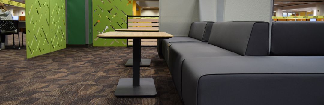 image shows seating in the new Humanities Commons