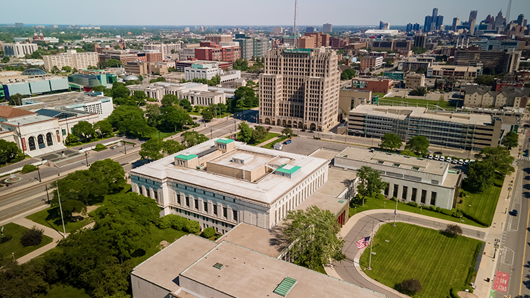 Aerial shot of Wayne State campus.