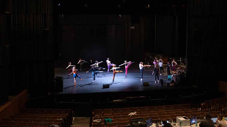 Students dancing on The Stage inside the Hilberry Gateway Theatre at Wayne State University. 