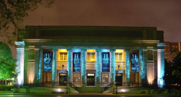 Wayne State University's Hilberry Theatre is seen at night