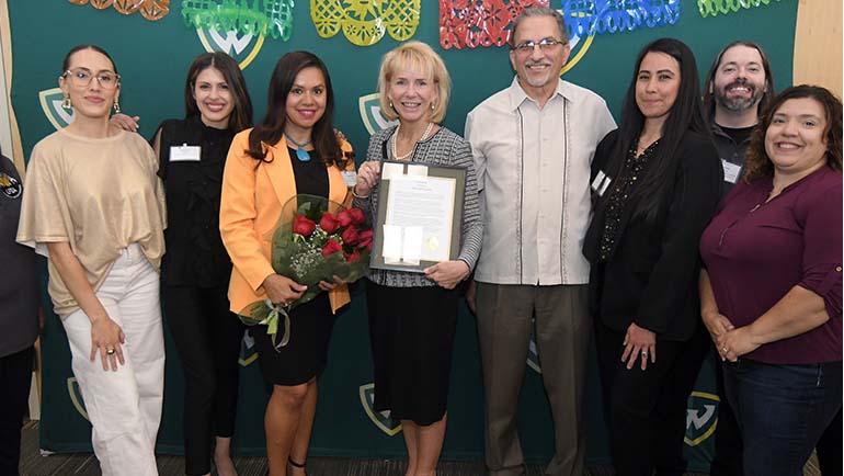 In September 2023, WSU President Kimberly Andrews Espy, Ph.D., (center) attended the Latina/o/x Welcome Back Reception to help kick off Hispanic Heritage Month.