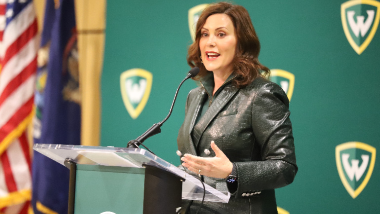 Michigan governor Gretchen Whitmer speaks at the announcement of the Wayne State Guarantee.