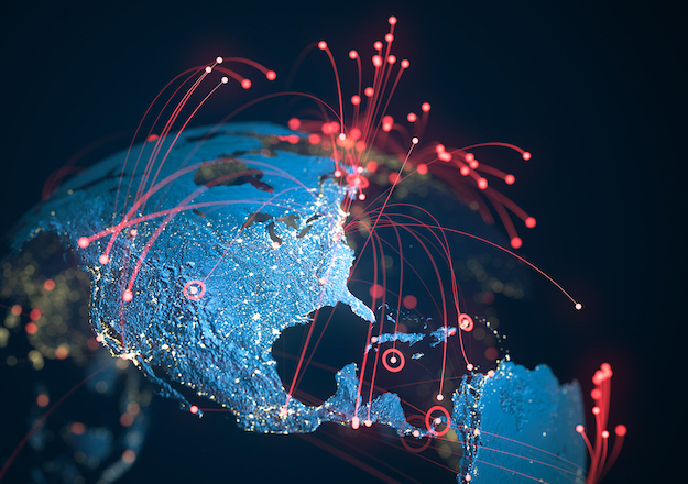 An image of the Earth from space with red lines and arrows traveling across the surface, representing the global transfer of information. 