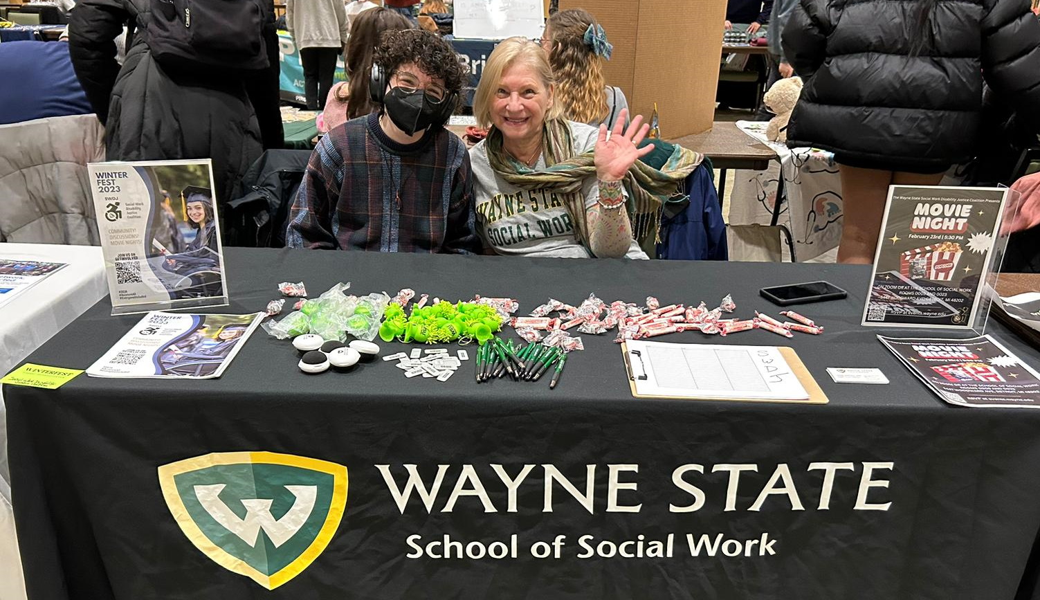 SWDJC Vice-President and BSW student Jenna Friedman and SWDJC President and BSW student El Johnson at the 2023 WSU Winterfest