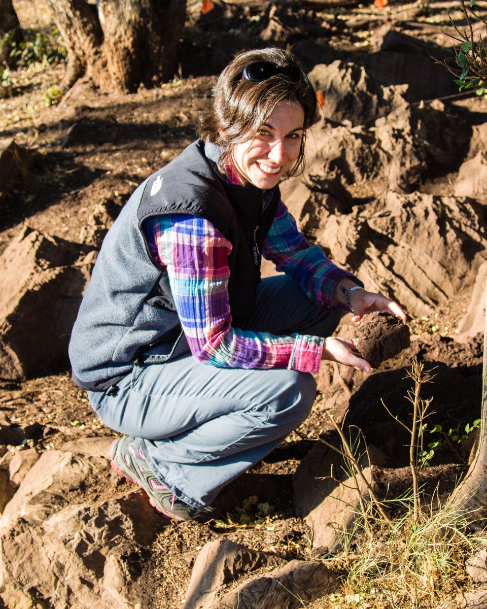 Julie Lesnik investigating a termite nest at the South African fossil hominid site of Malapa known for its 1.9 million year old fossils of Australopothecus sediba.