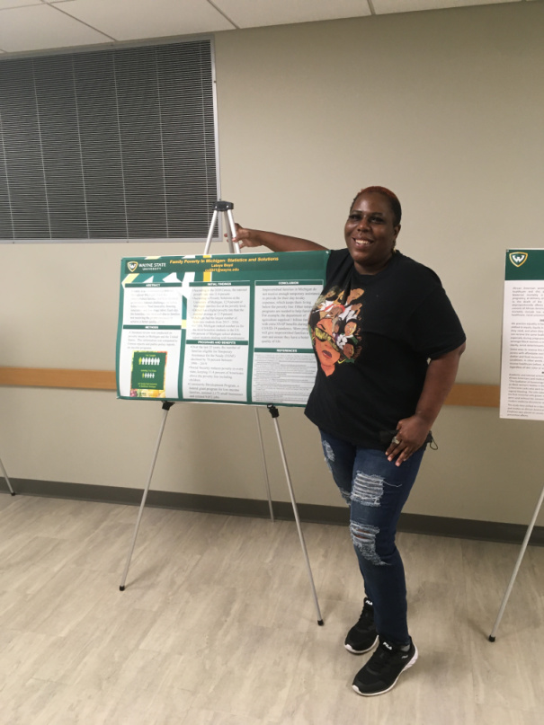 Latoya Boyd, a social work major, presents her research at the WSU Welcome Black event. 