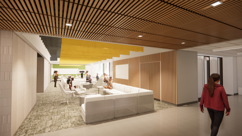 A rendering of a student lounge