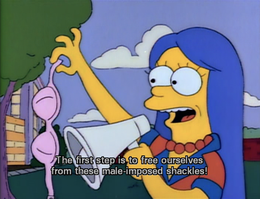 A young Marge Simpson burns a bra (1991, season 2, episode 12 of The Simpsons).