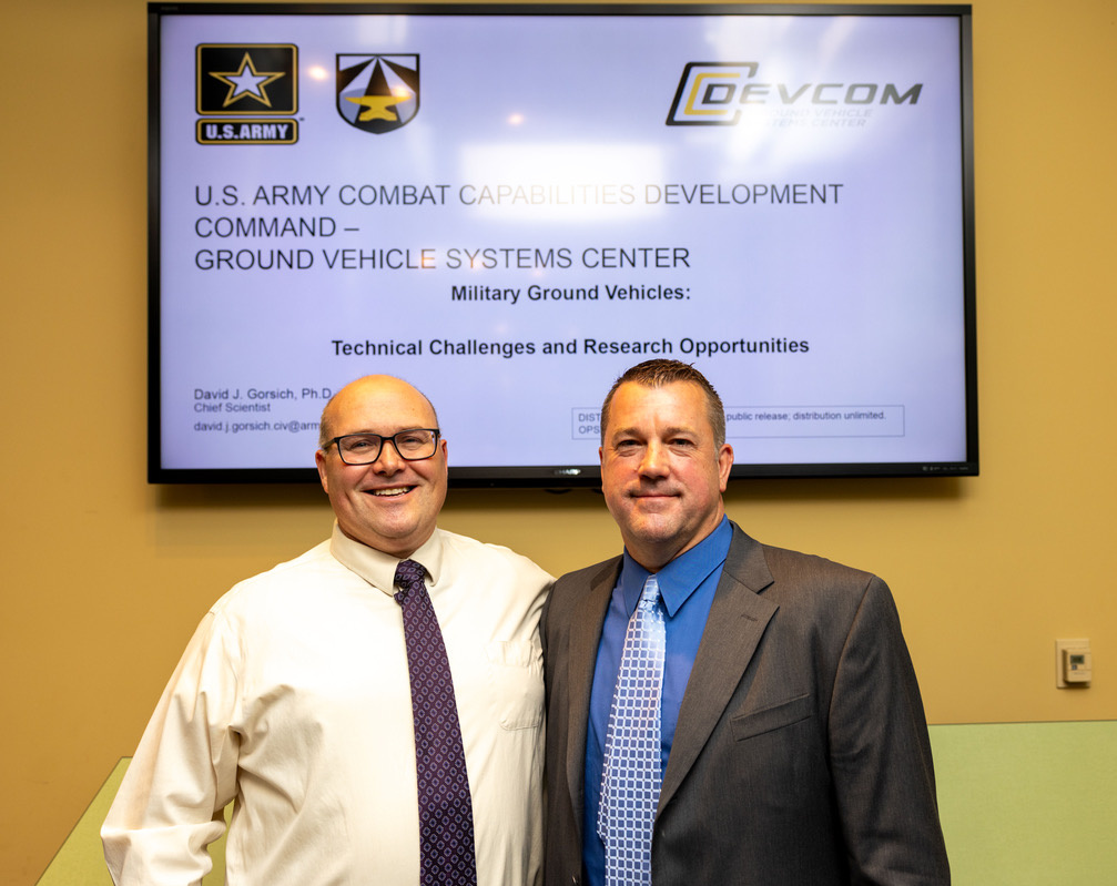 Shawn McElmurry, professor of environmental engineering and chair of the department of civil and environmental engineering, catches up with Jeremy Walker, division chief of Force Projection Technology at GVSC and one of his former Ph.D. students. 