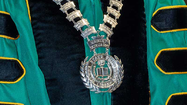 The presidential medallion is connected to a sterling silver chain that has the names of Wayne State’s 12 previous presidents, and now President Espy. 