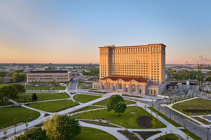 A wide exterior shot of the Michigan Central building