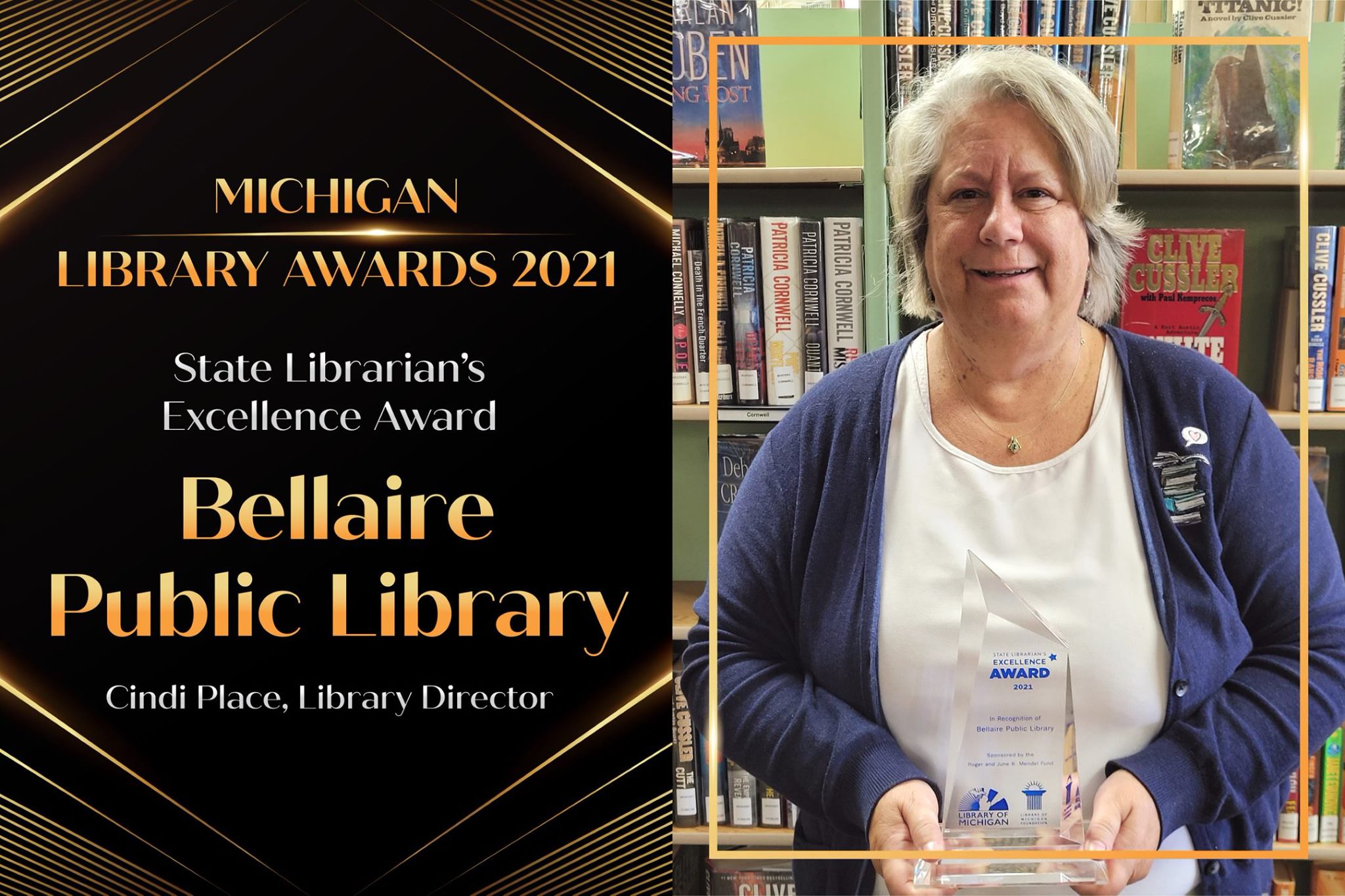 SIS alumna Cindi Place is pictured with her Michigan Library Association award