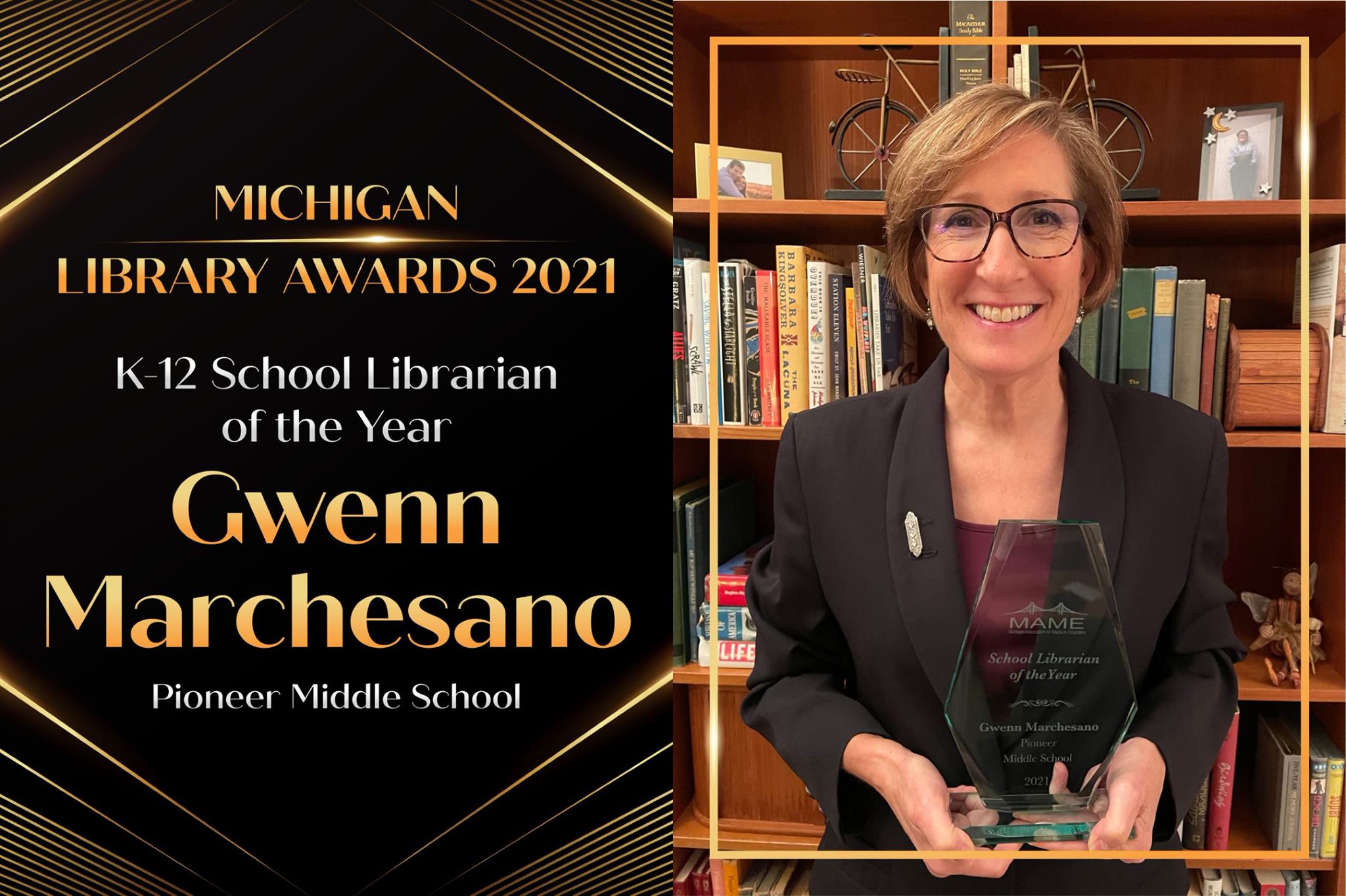 SIS Alumna Gwenn Marchesano is pictured with her Michigan Library Association Award