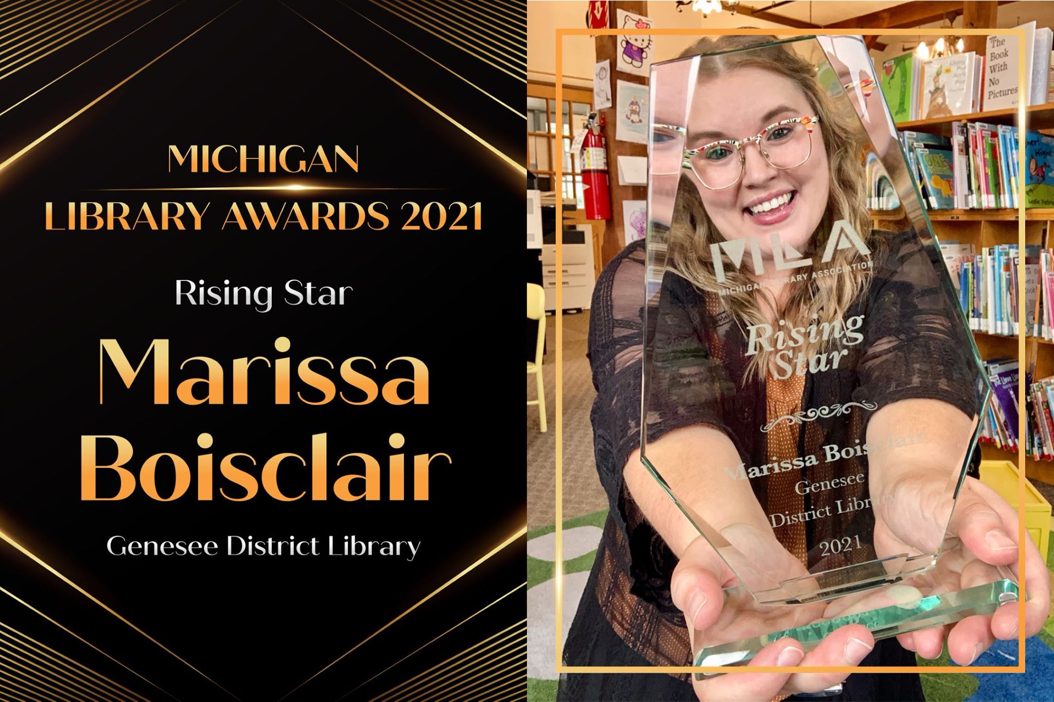 SIS alumna Marissa Boisclair is pictured with her Michigan Library Association Rising Star Award